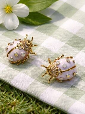 pink enamel ladybug stud earrings gold-tone metal and rhinestone crystal details